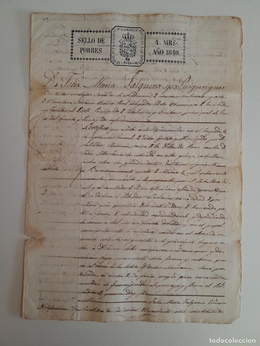 Manuscritos antiguos: PAPEL TIMBRADO DE SELLO CUARTO DE POBRES - CERTIFICADO DE POBREZA PARA PODER PLEITEAR (1840)