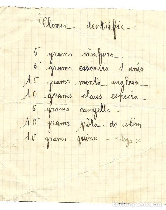 Manuscritos antiguos: Manuscrito antiguo &rdquo;Elixir dentr&iacute;fico&rdquo; Simple en fragmento de hoja cuaderno . Sin fecha