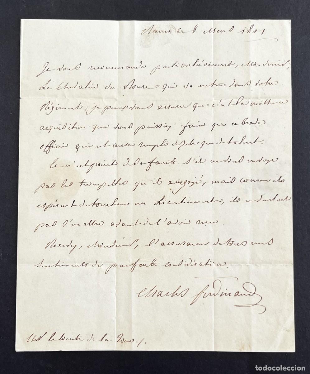 Manuscritos antiguos: Charles Ferdina, Duque de Berry &ndash; Carta aut&oacute;grafa firmada &ndash; Regimiento Bussy, Ej&eacute;rcito Realista &ndash; 18