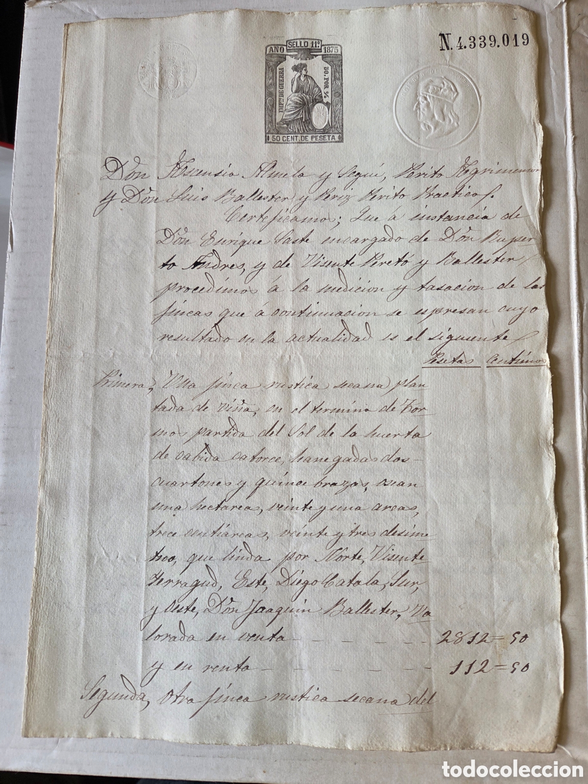 Manuscritos antiguos: TORMOS VALENCIA 1875 TASACI&Oacute;N DE FINCAS, SELLOS FISCALES
