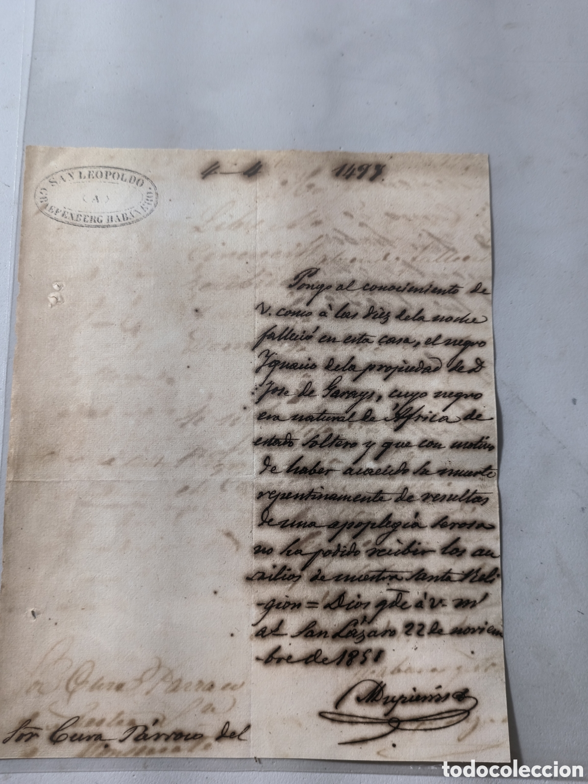 Manuscritos antiguos: Cuba espa&ntilde;ola ,constancia de fallecimiento de negro esclavo ,Ali 1891