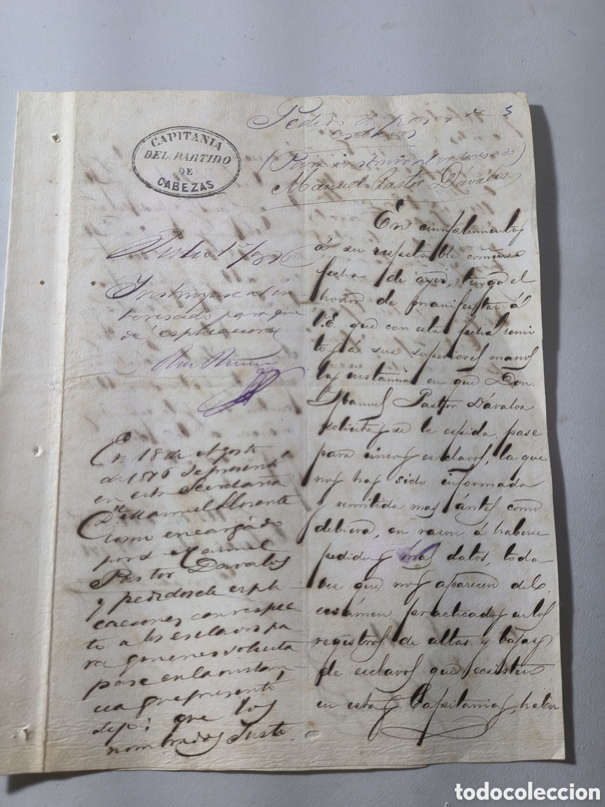 Manuscritos antiguos: Cuba espa&ntilde;ola, solicitud de libre tr&aacute;nsito para 5 esclavos,a&ntilde;o 1876.
