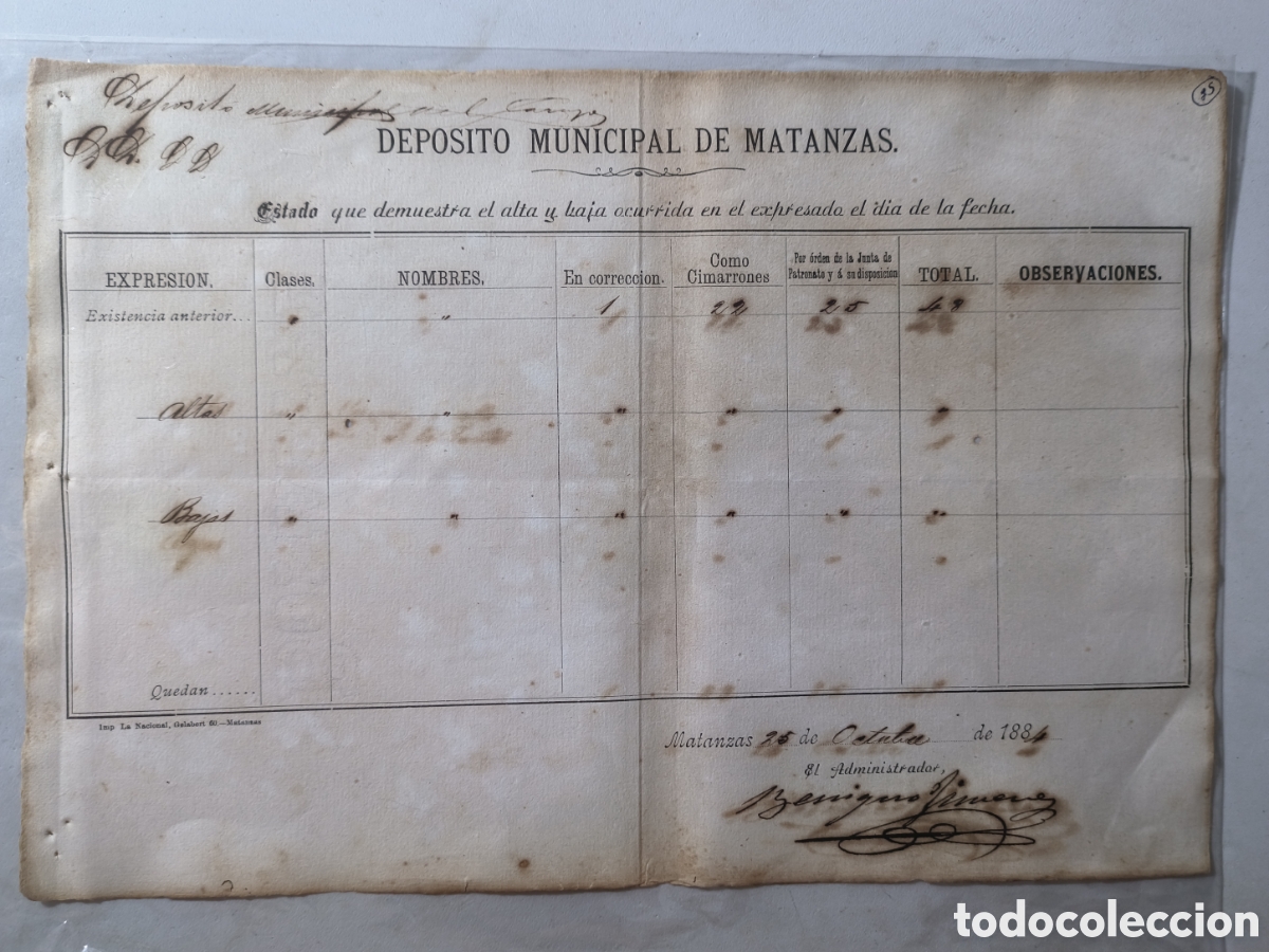 Manuscritos antiguos: Cuba espa&ntilde;ola,estado del dep&oacute;sito municipal de cimarrones de matanzas ,a&ntilde;o 1884