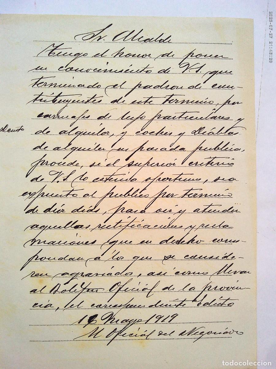 Manuscritos antiguos: CARTA MANUSCRITA AL SR. ALCALDE POR OFICIAL NEGOCIADO RESPECTO A COCHES , CARRUAJES, ETC . 1919