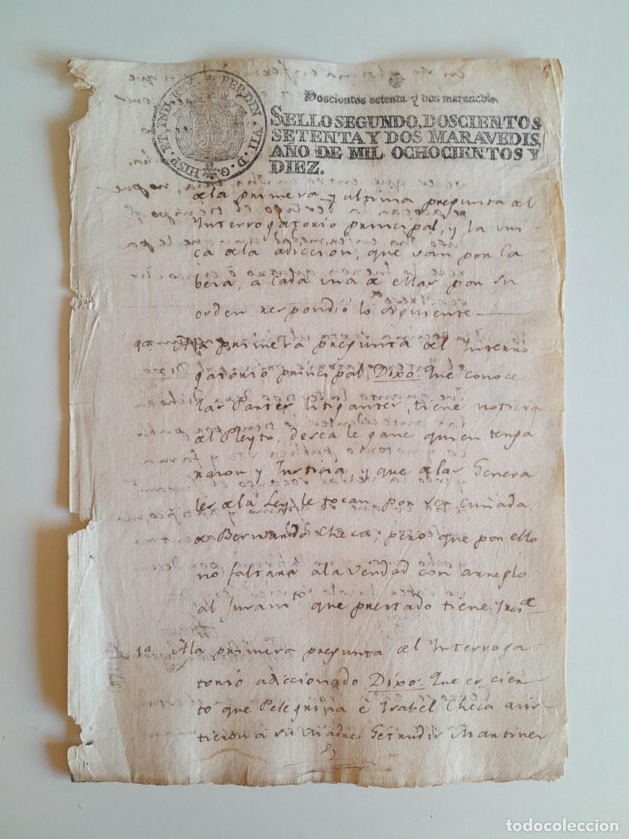 Manuscritos antiguos: PAPEL TIMBRADO DE SELLO SEGUNDO A&Ntilde;O 1810 - LITIGIO (LOCALIZACI&Oacute;N DESCONOCIDA)
