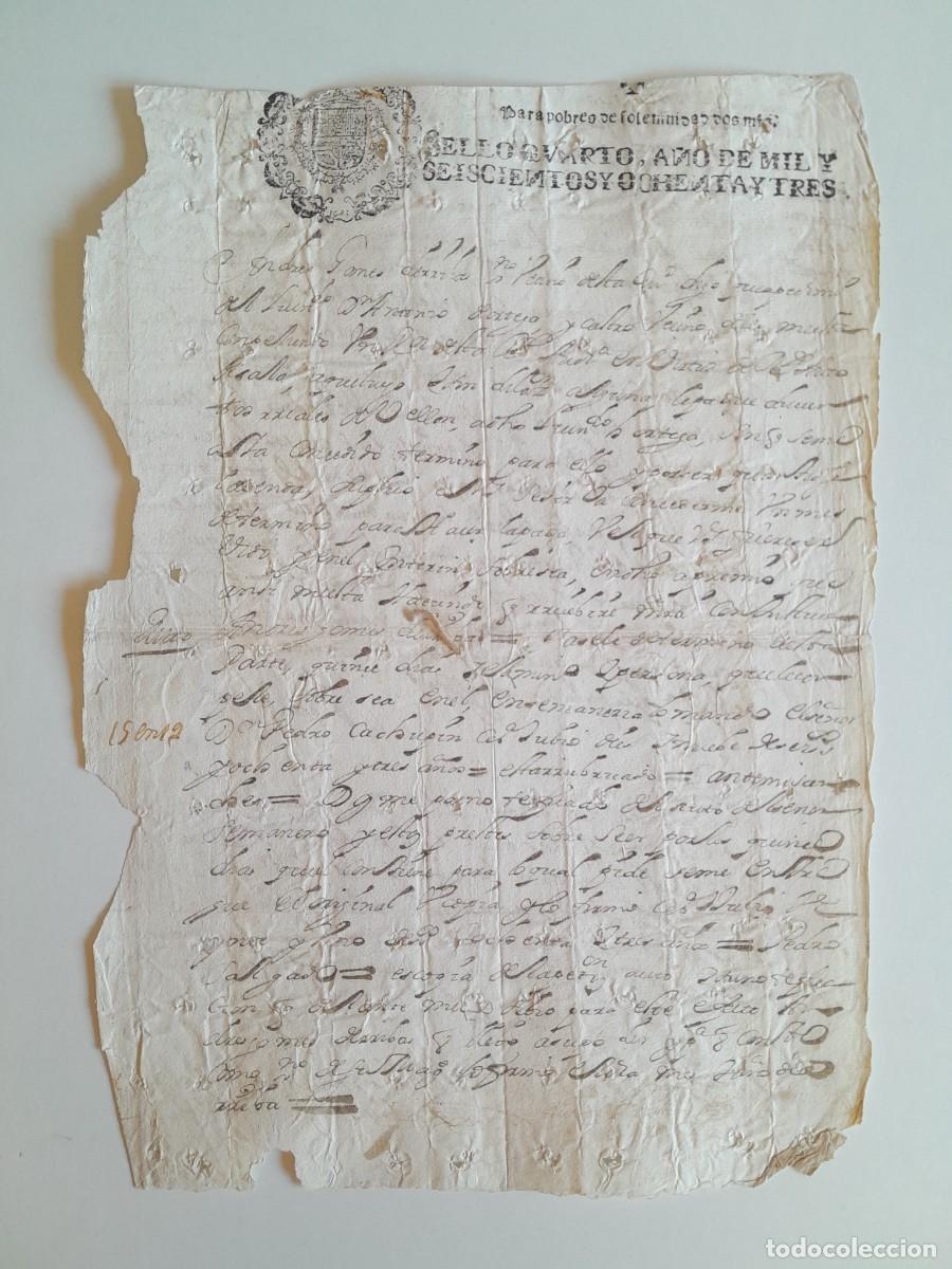 Manuscritos antiguos: PAPEL TIMBRADO DE SELLO CUARTO POBRES DE SOLEMNIDAD A&Ntilde;O 1683 - (LUGAR DESCONOCIDO)