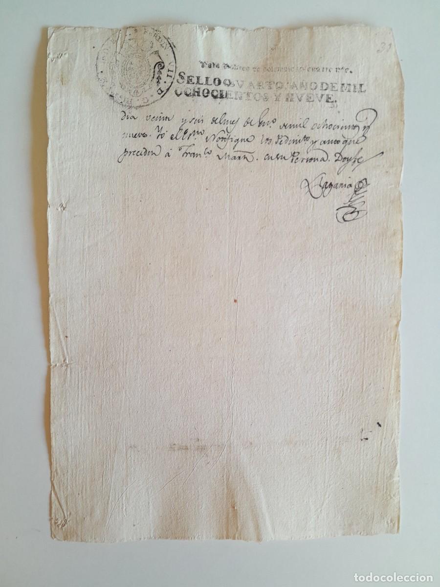 Manuscritos antiguos: PAPEL TIMBRADO DE SELLO CUARTO POBRES DE SOLEMNIDAD A&Ntilde;O 1809 - (LUGAR DESCONOCIDO)