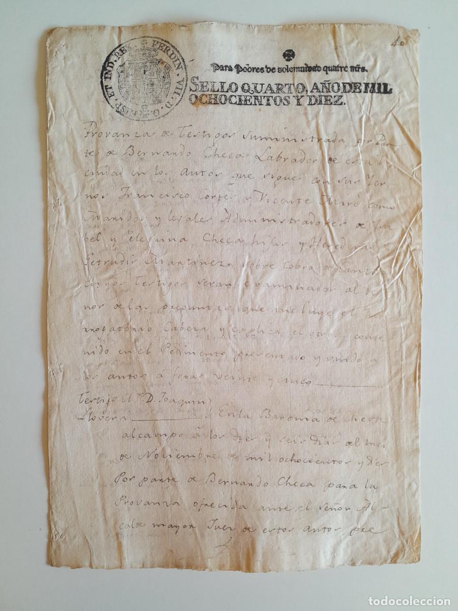 Manuscritos antiguos: PAPEL TIMBRADO DE SELLO CUARTO POBRES DE SOLEMNIDAD A&Ntilde;O 1810 - PROVANZA DE TESTIGOS (LUGAR DESCONOCI