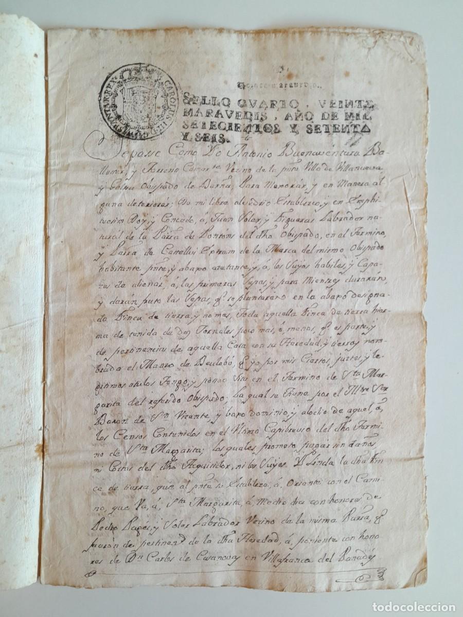 Manuscritos antiguos: PAPEL TIMBRADO DE SELLO CUARTO A&Ntilde;O 1776 - VILANOVA I LA GELTR&Uacute; (BARCELONA, CATALUNYA)