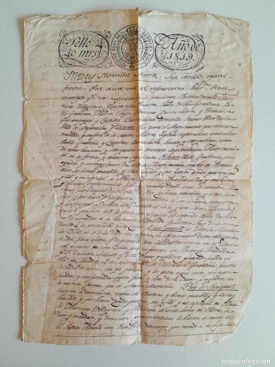 Manuscritos antiguos: PAPEL TIMBRADO DE SELLO CUARTO A&Ntilde;O 1819 - CAPITULACIONES MATRIMONIALES BUJARALOZ (ZARAGOZA, ARAG&Oacute;N)
