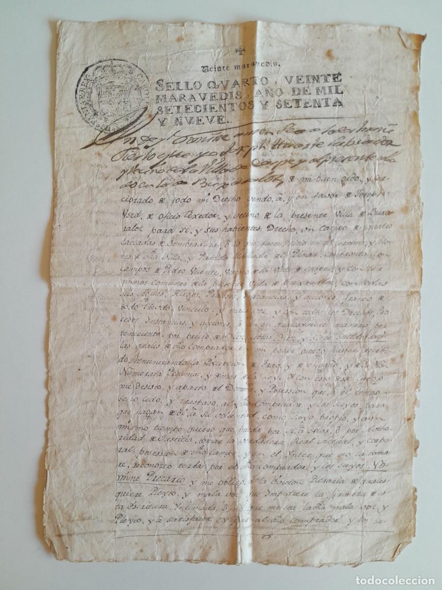 Manuscritos antiguos: PAPEL TIMBRADO DE SELLO CUARTO A&Ntilde;O 1779 - VENTA DE UN CAMPO EN BUJARALOZ (ZARAGOZA, ARAG&Oacute;N)