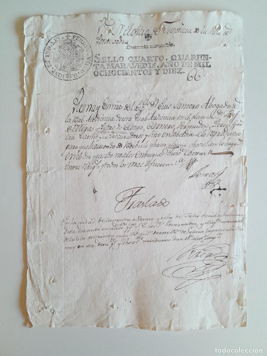 Manuscritos antiguos: PAPEL TIMBRADO DE SELLO CUARTO A&Ntilde;O 1810 - PLEITO CRIMINAL PONTEVEDRA (PONTEVEDRA, GALICIA)