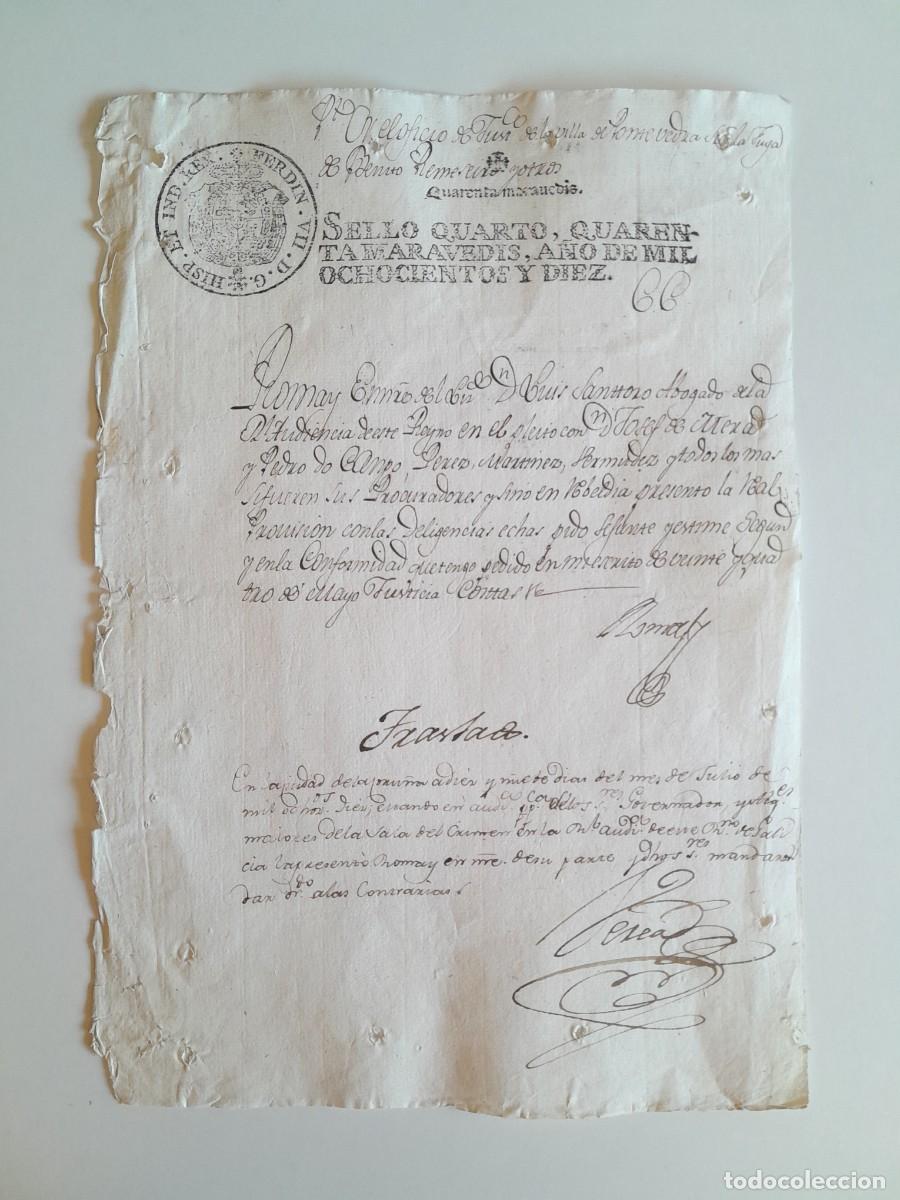 Manuscritos antiguos: PAPEL TIMBRADO DE SELLO CUARTO A&Ntilde;O 1810 - PLEITO CRIMINAL PONTEVEDRA (PONTEVEDRA, GALICIA)
