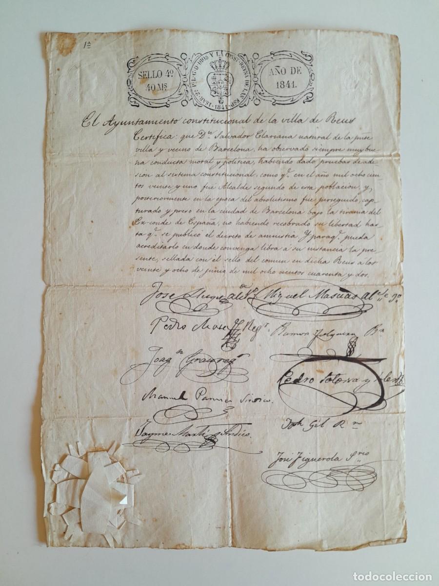 Manuscritos antiguos: PAPEL TIMBRADO DE SELLO CUARTO A&Ntilde;O 1841 - CERTIFICADO BUENA CONDUCTA SALVADOR CLARIANA, REUS (TARRAG