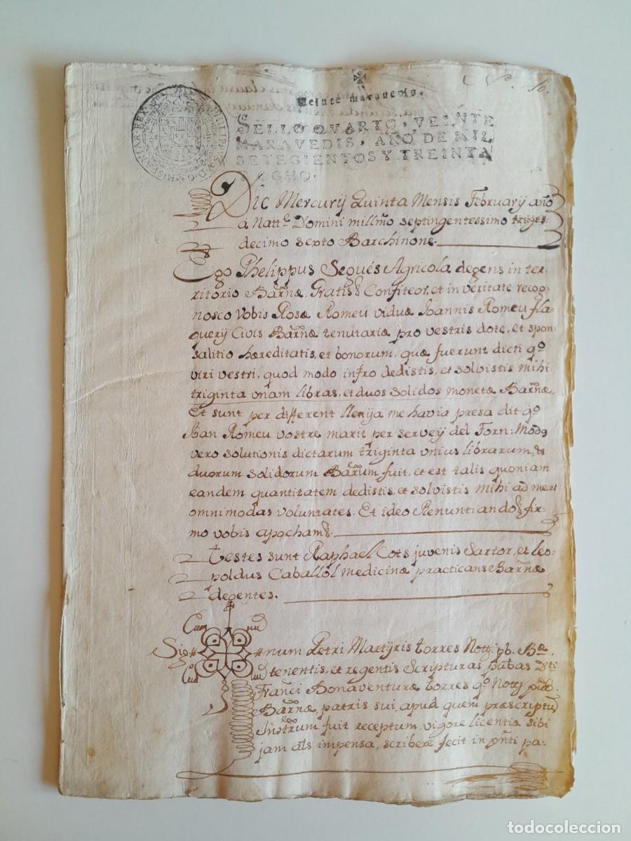 Manuscritos antiguos: PAPEL TIMBRADO DE SELLO CUARTO A&Ntilde;O 1738 - BARCELONA (BARCELONA, CATALUNYA)