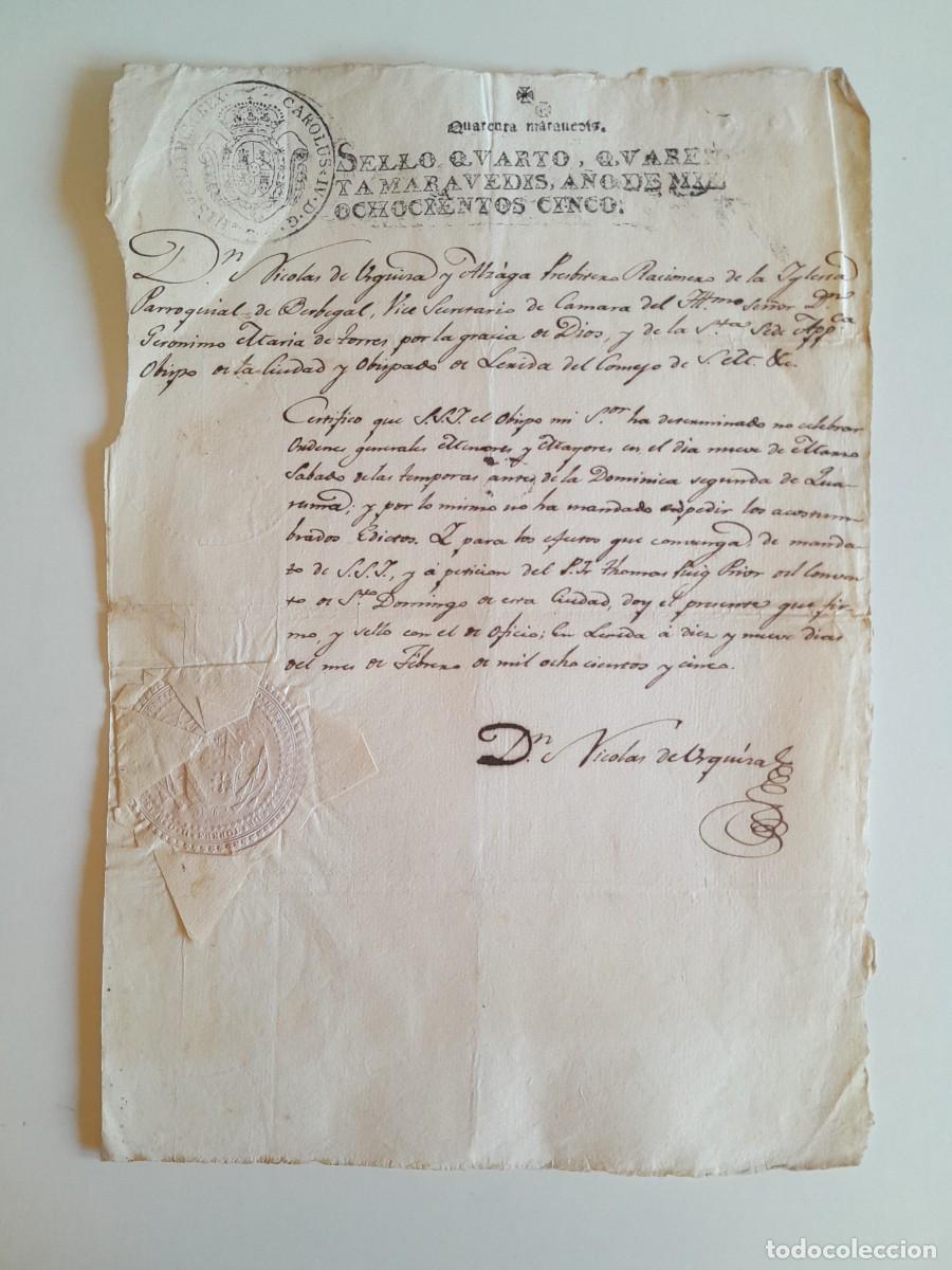 Manuscritos antiguos: PAPEL TIMBRADO DE SELLO CUARTO A&Ntilde;O 1805 - BERBEGAL (HUESCA, ARAG&Oacute;N)