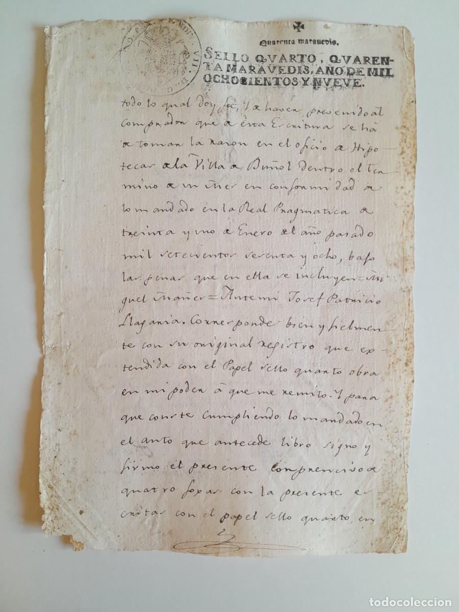 Manuscritos antiguos: PAPEL TIMBRADO DE SELLO CUARTO A&Ntilde;O 1809 - BU&Ntilde;OL (VALENCIA, COMUNITAT VALENCIANA)