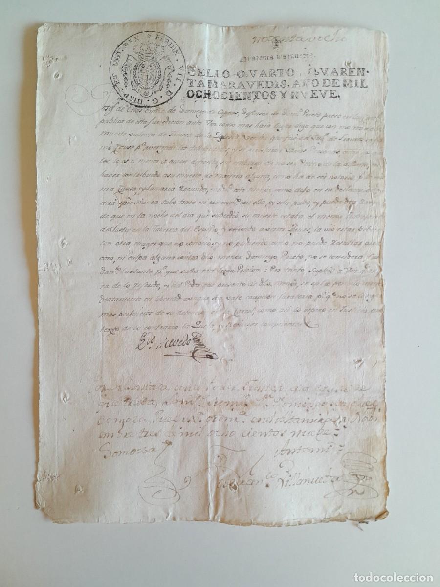 Manuscritos antiguos: PAPEL TIMBRADO DE SELLO CUARTO A&Ntilde;O 1809 - LIBERACI&Oacute;N DE PRESO ACUSADO DE ASESINATO (LUGAR DESCONOCID