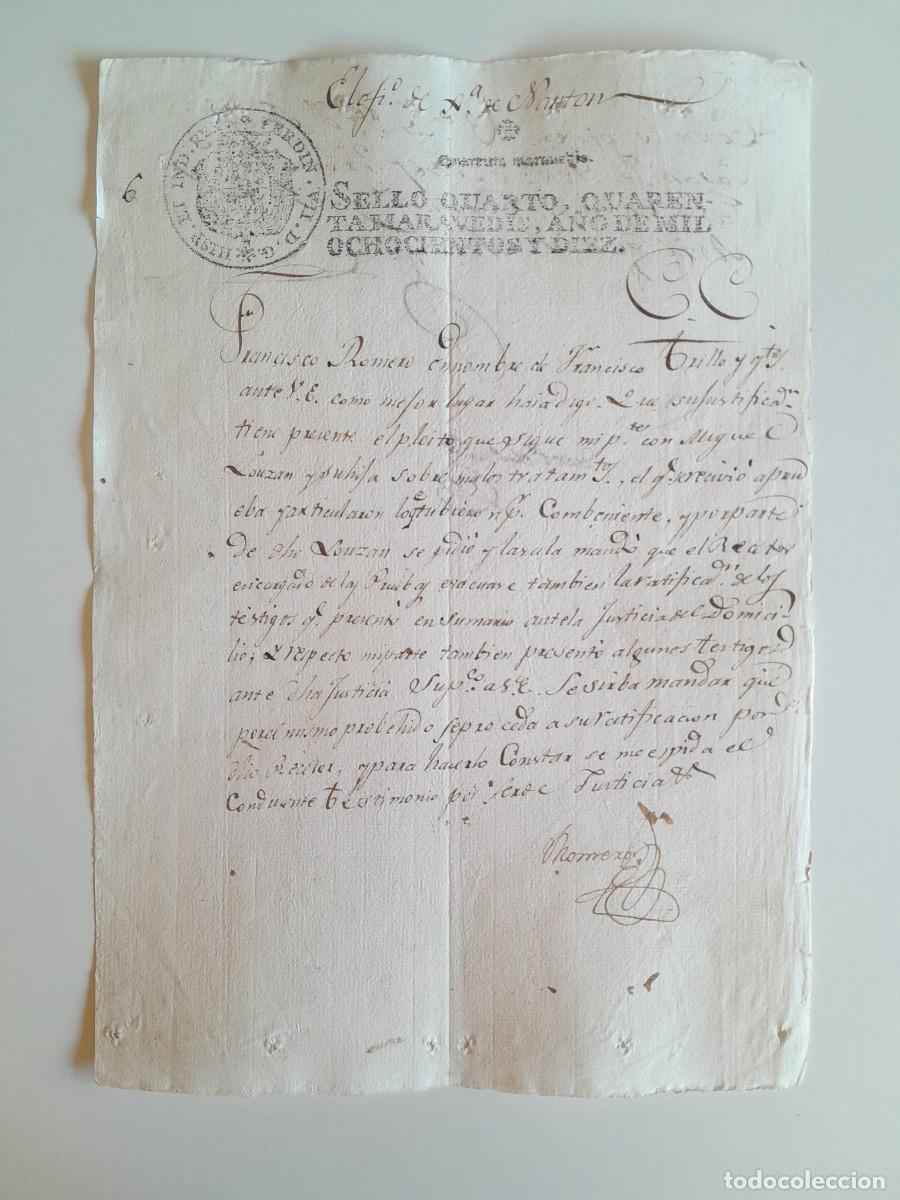 Manuscritos antiguos: PAPEL TIMBRADO DE SELLO CUARTO A&Ntilde;O 1810 - PLEITO MALOS TRATOS (LUGAR DESCONOCIDO)