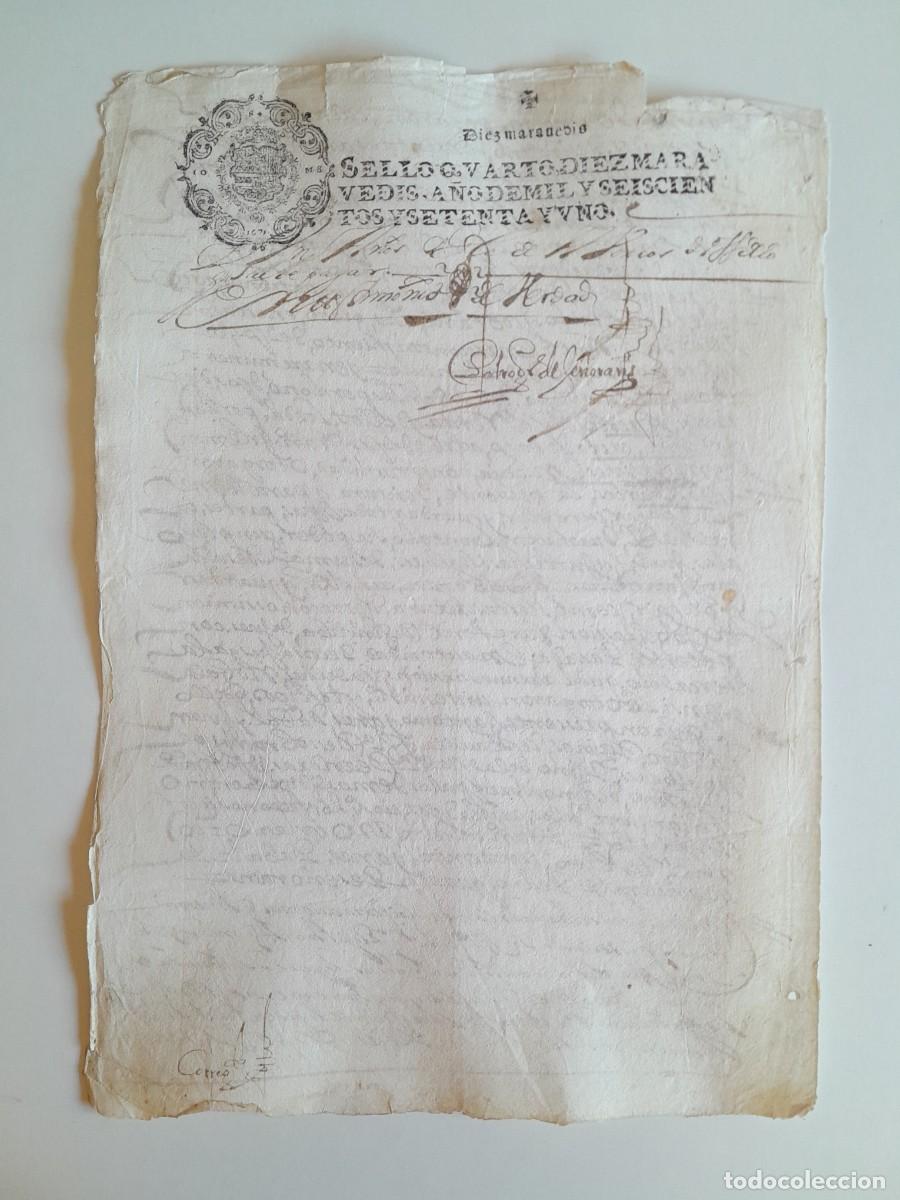 Manuscritos antiguos: PAPEL TIMBRADO DE SELLO CUARTO A&Ntilde;O 1671 - LUGAR DESCONOCIDO