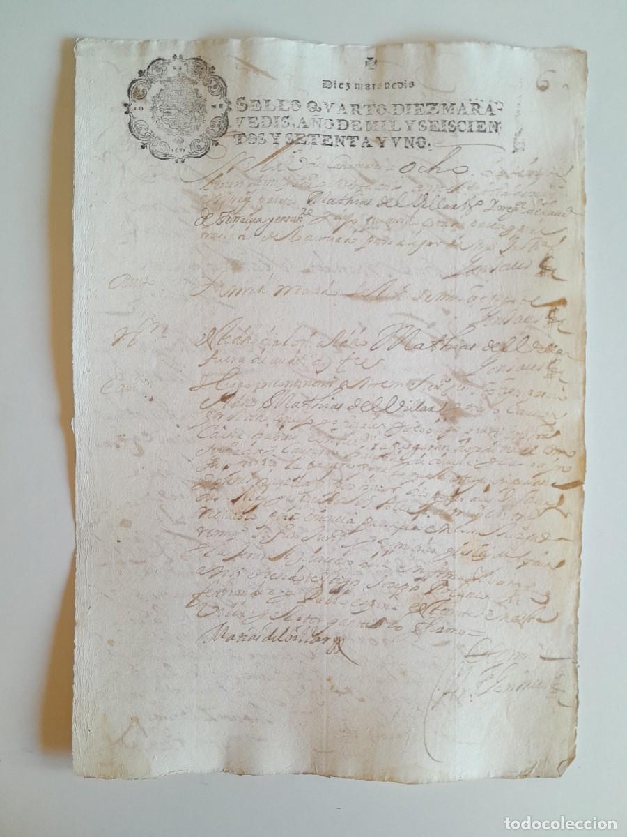 Manuscritos antiguos: PAPEL TIMBRADO DE SELLO CUARTO A&Ntilde;O 1671 - LUGAR DESCONOCIDO