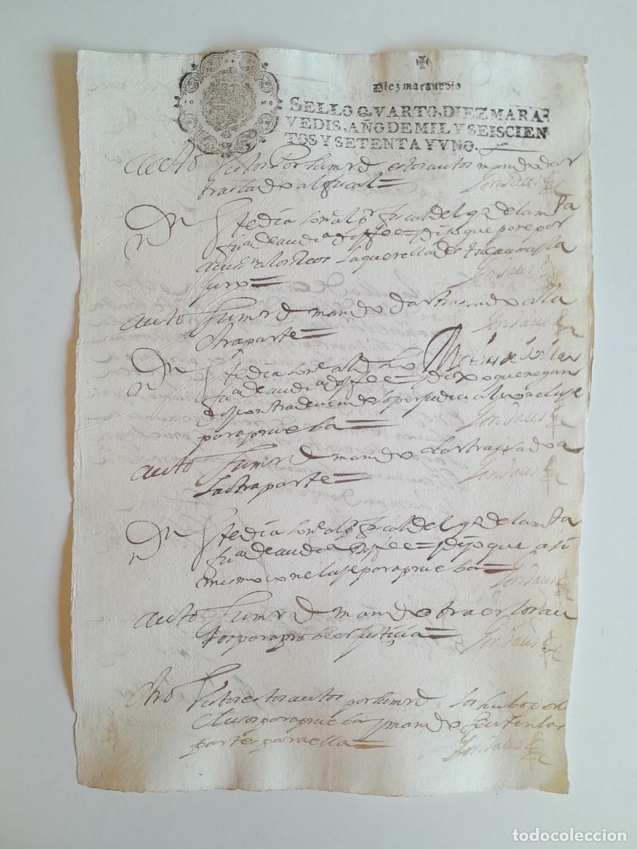 Manuscritos antiguos: PAPEL TIMBRADO DE SELLO CUARTO A&Ntilde;O 1671 - LUGAR DESCONOCIDO