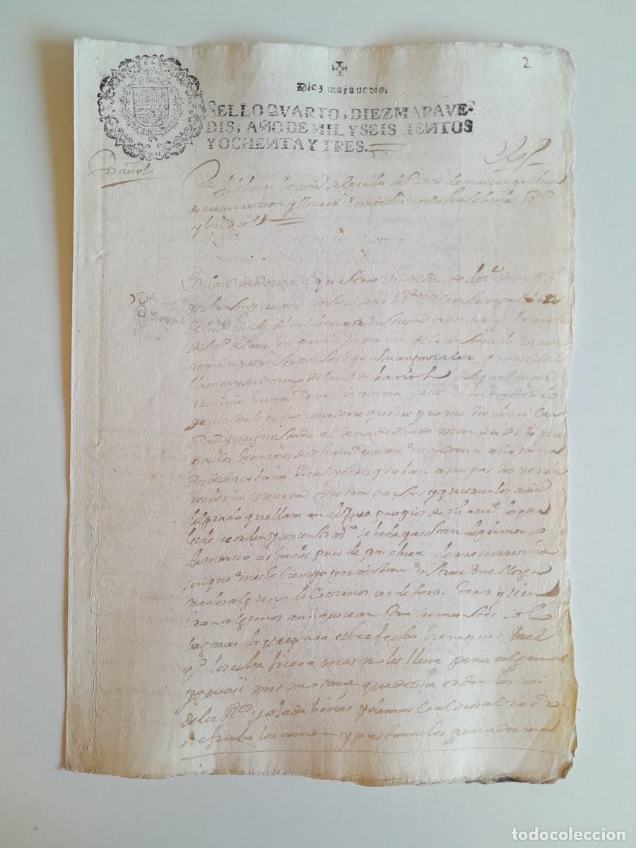 Manuscritos antiguos: PAPEL TIMBRADO DE SELLO CUARTO A&Ntilde;O 1683 - LUGAR DESCONOCIDO
