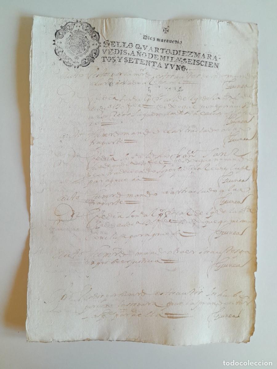 Manuscritos antiguos: PAPEL TIMBRADO DE SELLO CUARTO A&Ntilde;O 1671 - LUGAR DESCONOCIDO