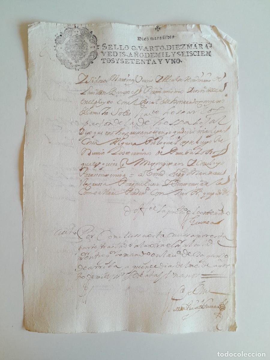 Manuscritos antiguos: PAPEL TIMBRADO DE SELLO CUARTO A&Ntilde;O 1671 - LUGAR DESCONOCIDO
