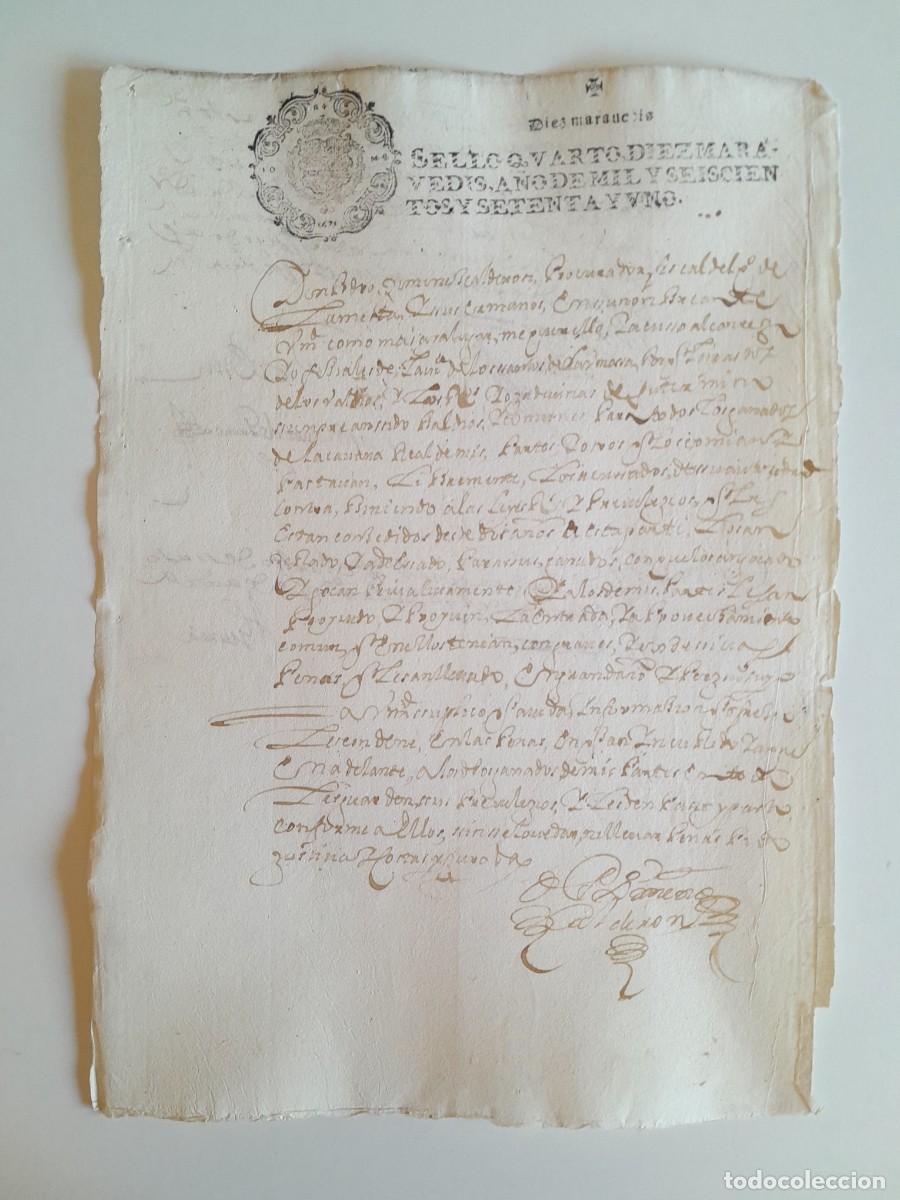 Manuscritos antiguos: PAPEL TIMBRADO DE SELLO CUARTO A&Ntilde;O 1671 - LUGAR DESCONOCIDO
