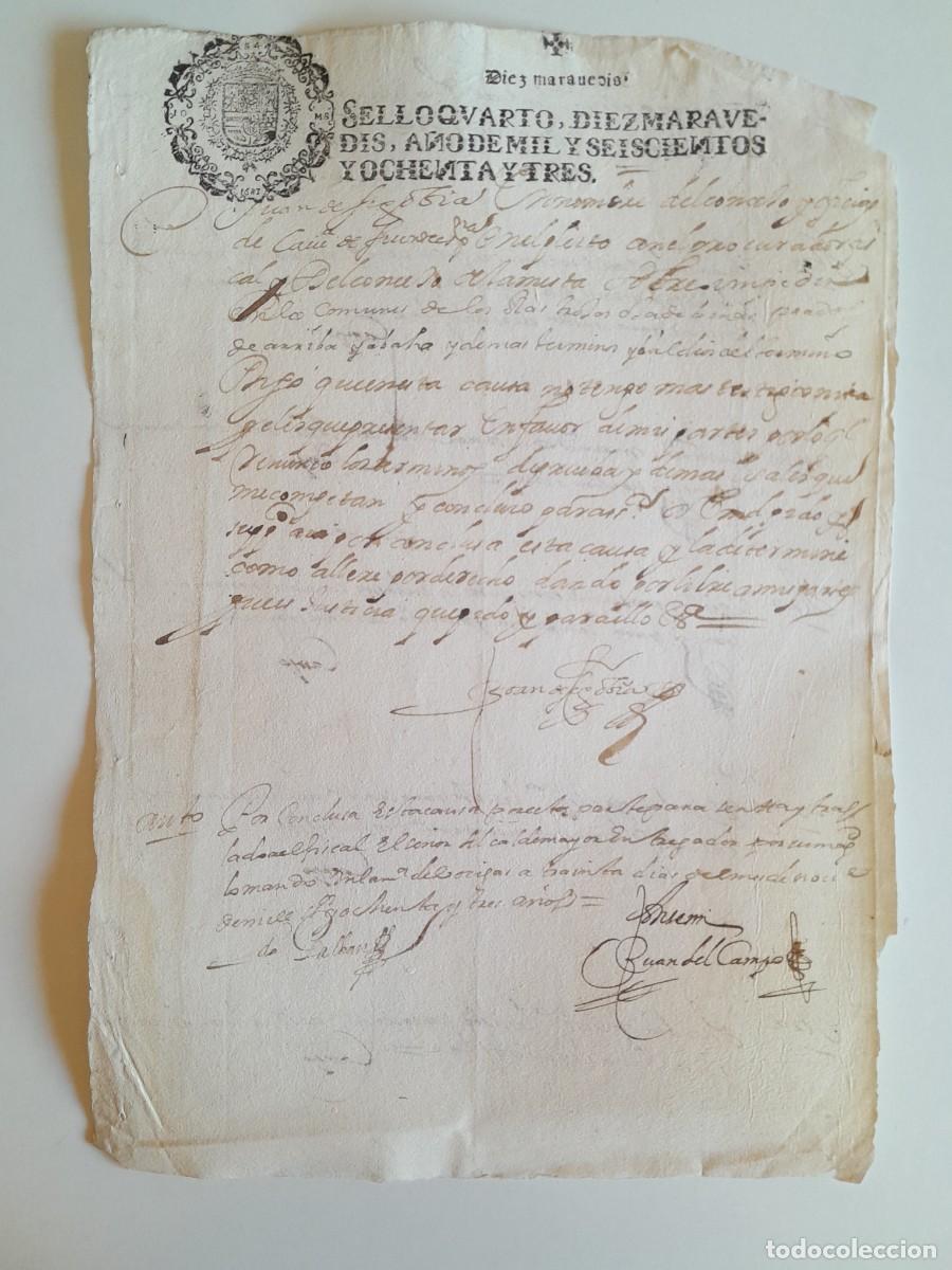 Manuscritos antiguos: PAPEL TIMBRADO DE SELLO CUARTO A&Ntilde;O 1683 - LUGAR DESCONOCIDO