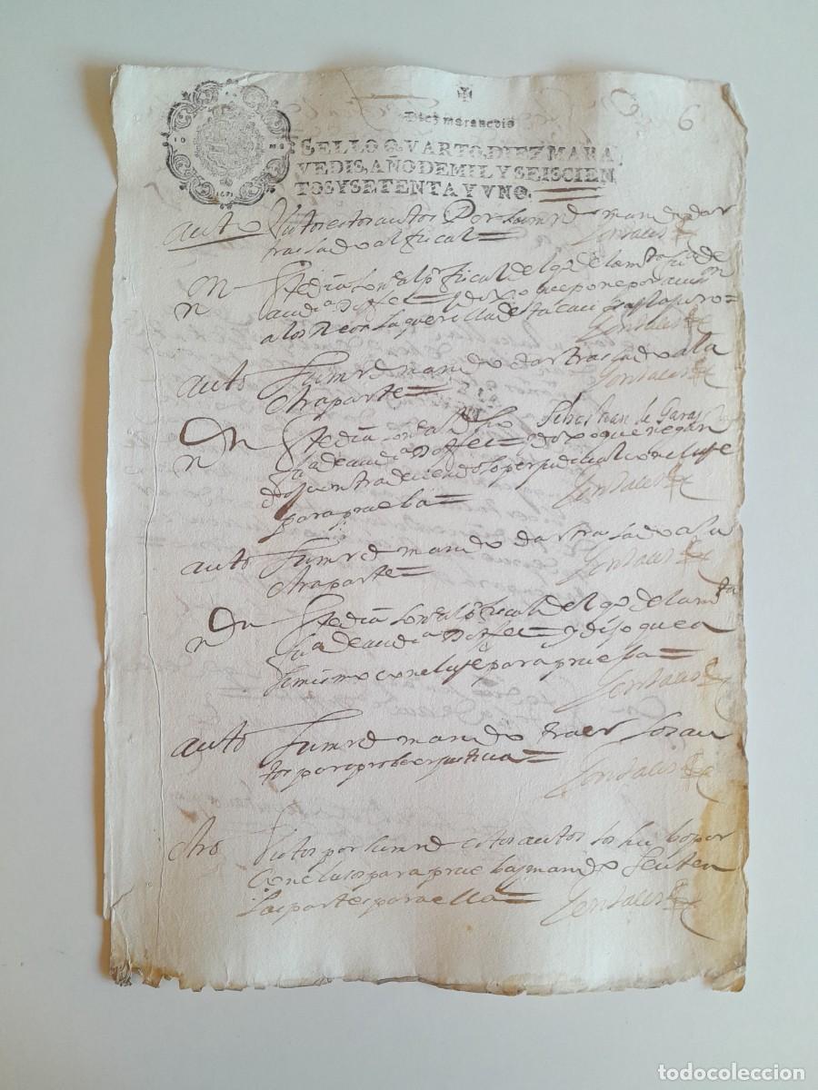 Manuscritos antiguos: PAPEL TIMBRADO DE SELLO CUARTO A&Ntilde;O 1671 - LUGAR DESCONOCIDO