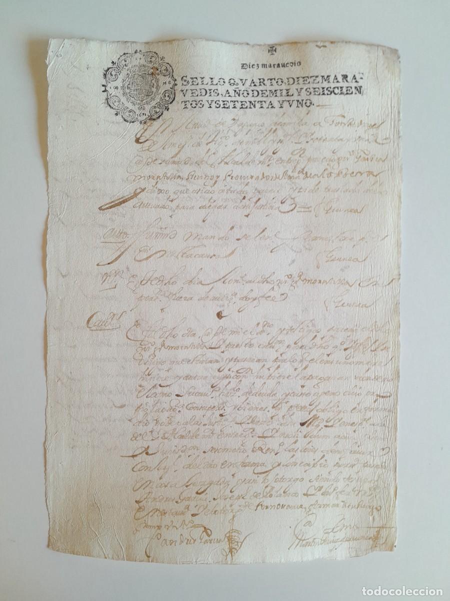 Manuscritos antiguos: PAPEL TIMBRADO DE SELLO CUARTO A&Ntilde;O 1671 - LUGAR DESCONOCIDO