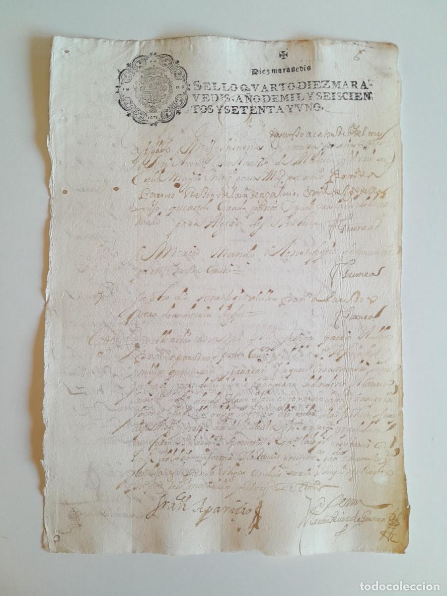 Manuscritos antiguos: PAPEL TIMBRADO DE SELLO CUARTO A&Ntilde;O 1671 - LUGAR DESCONOCIDO