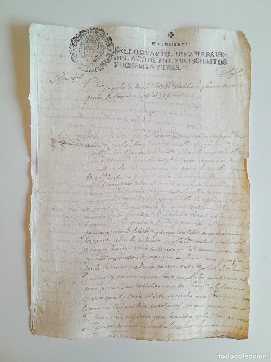 Manuscritos antiguos: PAPEL TIMBRADO DE SELLO CUARTO A&Ntilde;O 1683 - LUGAR DESCONOCIDO