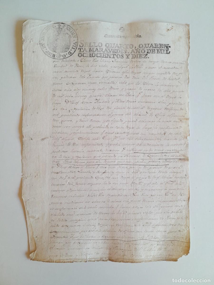 Manuscritos antiguos: PAPEL TIMBRADO DE SELLO CUARTO A&Ntilde;O 1810 - LUGAR DESCONOCIDO