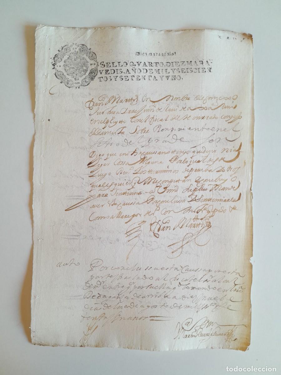 Manuscritos antiguos: PAPEL TIMBRADO DE SELLO CUARTO A&Ntilde;O 1671 - LUGAR DESCONOCIDO