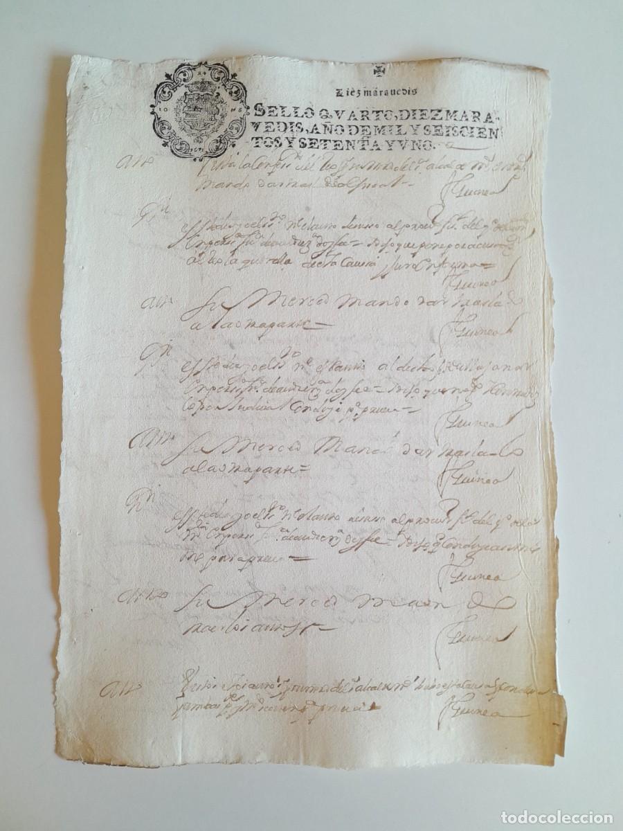 Manuscritos antiguos: PAPEL TIMBRADO DE SELLO CUARTO A&Ntilde;O 1671 - LUGAR DESCONOCIDO