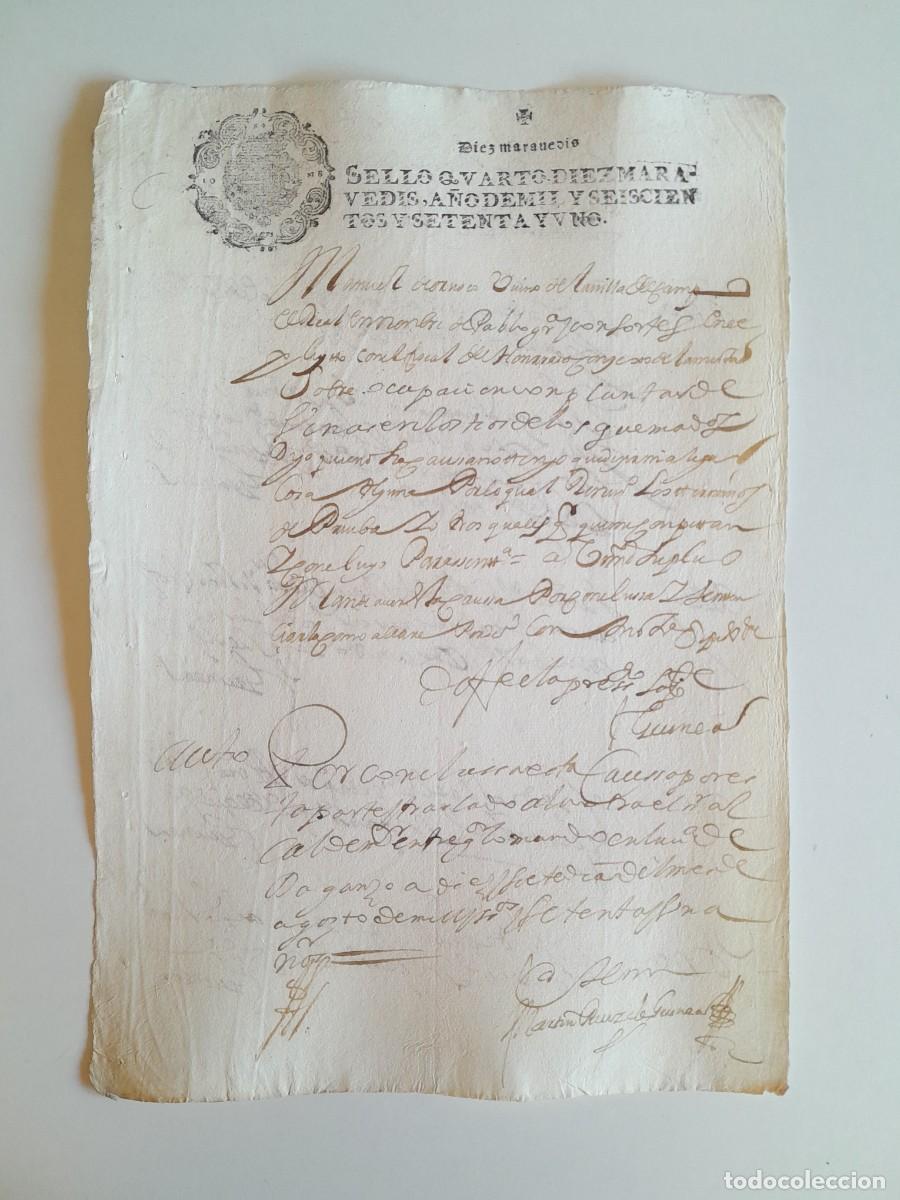 Manuscritos antiguos: PAPEL TIMBRADO DE SELLO CUARTO A&Ntilde;O 1671 - LUGAR DESCONOCIDO