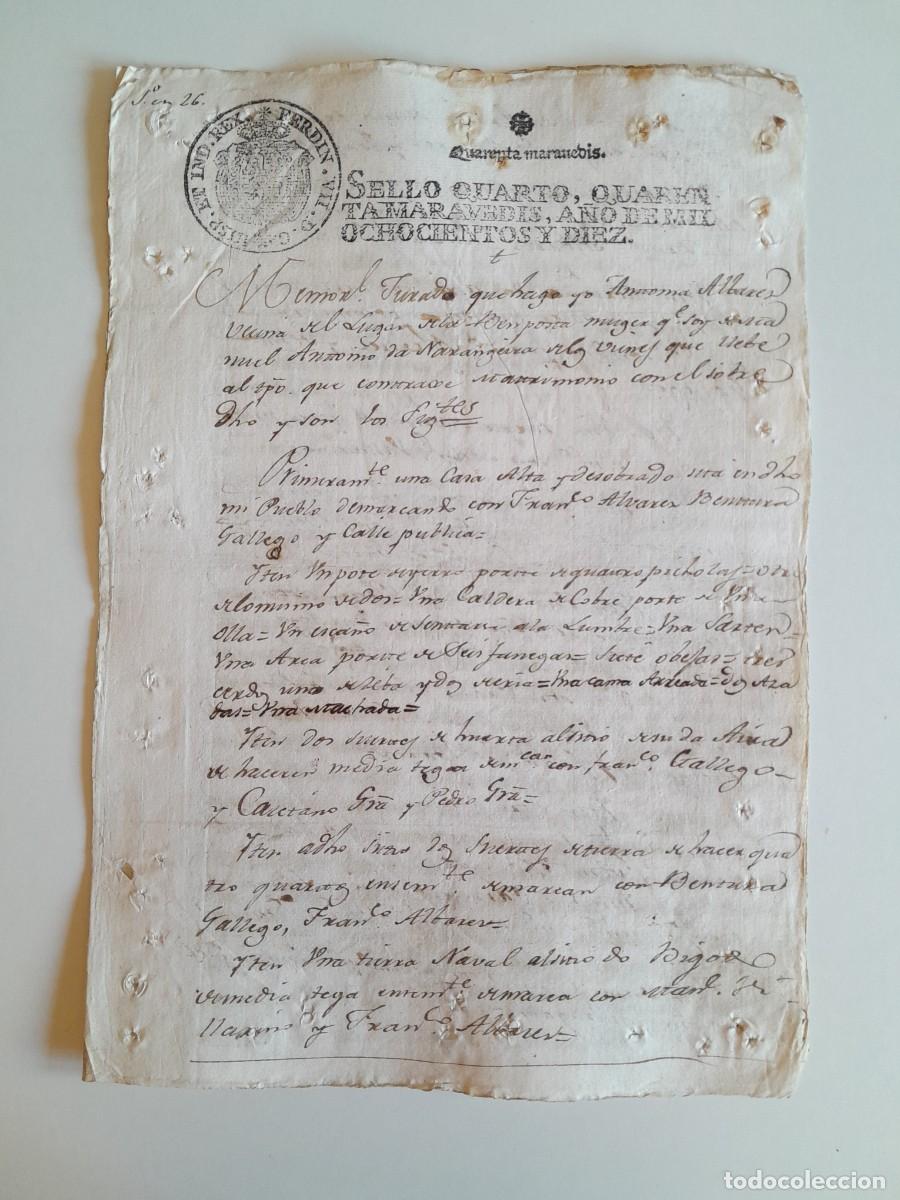 Manuscritos antiguos: PAPEL TIMBRADO DE SELLO CUARTO A&Ntilde;O 1810 - LUGAR DESCONOCIDO