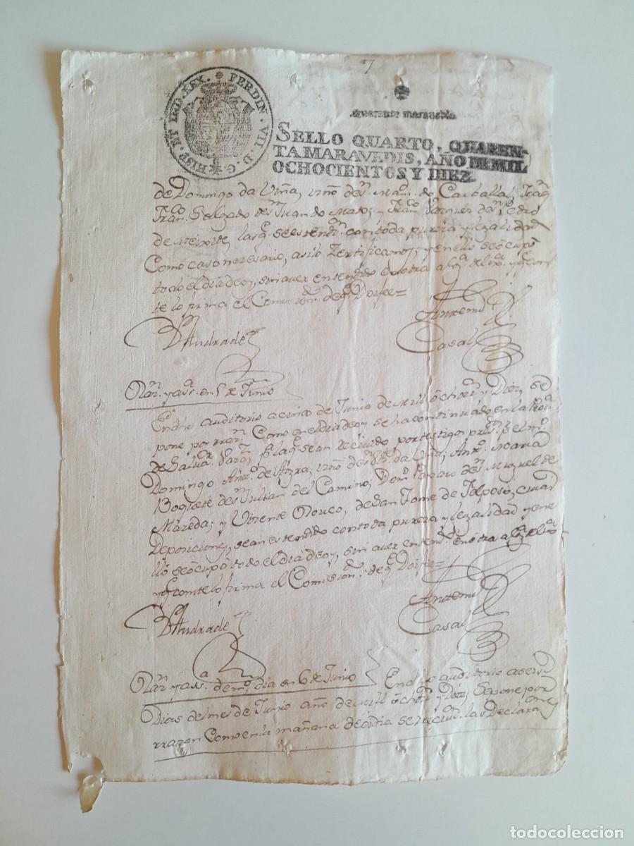 Manuscritos antiguos: PAPEL TIMBRADO DE SELLO CUARTO A&Ntilde;O 1810 - LUGAR DESCONOCIDO