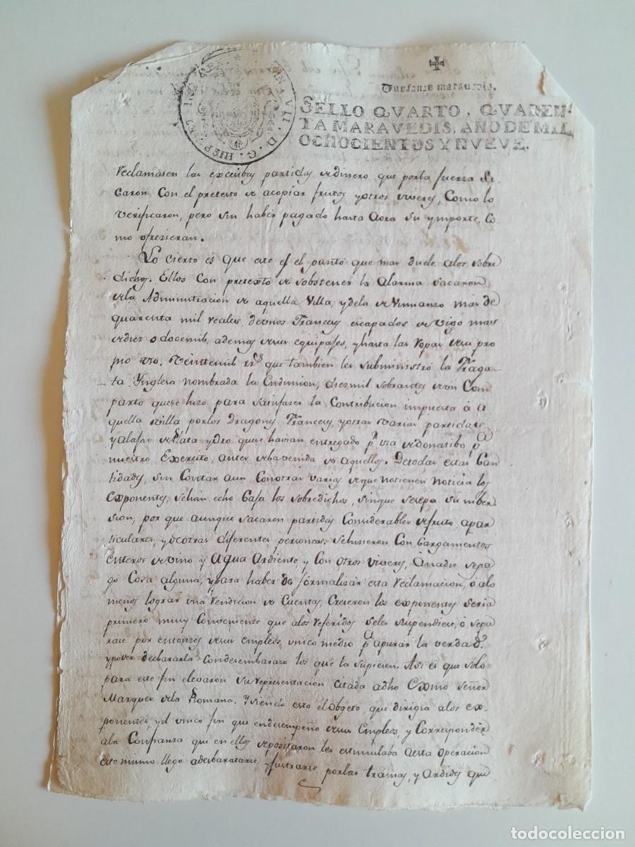 Manuscritos antiguos: PAPEL TIMBRADO DE SELLO CUARTO A&Ntilde;O 1809 - LUGAR DESCONOCIDO