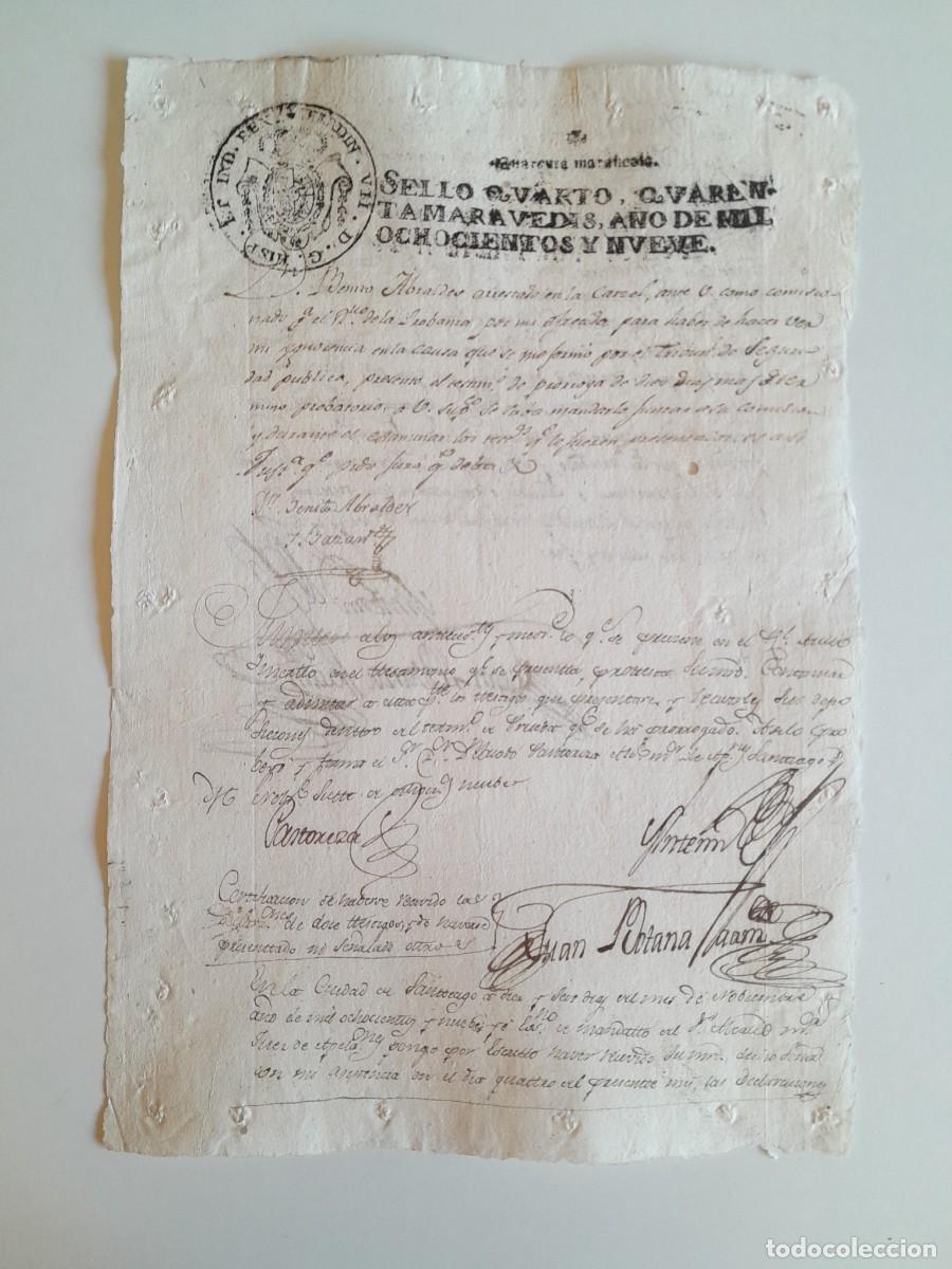 Manuscritos antiguos: PAPEL TIMBRADO DE SELLO CUARTO A&Ntilde;O 1809 - LUGAR DESCONOCIDO