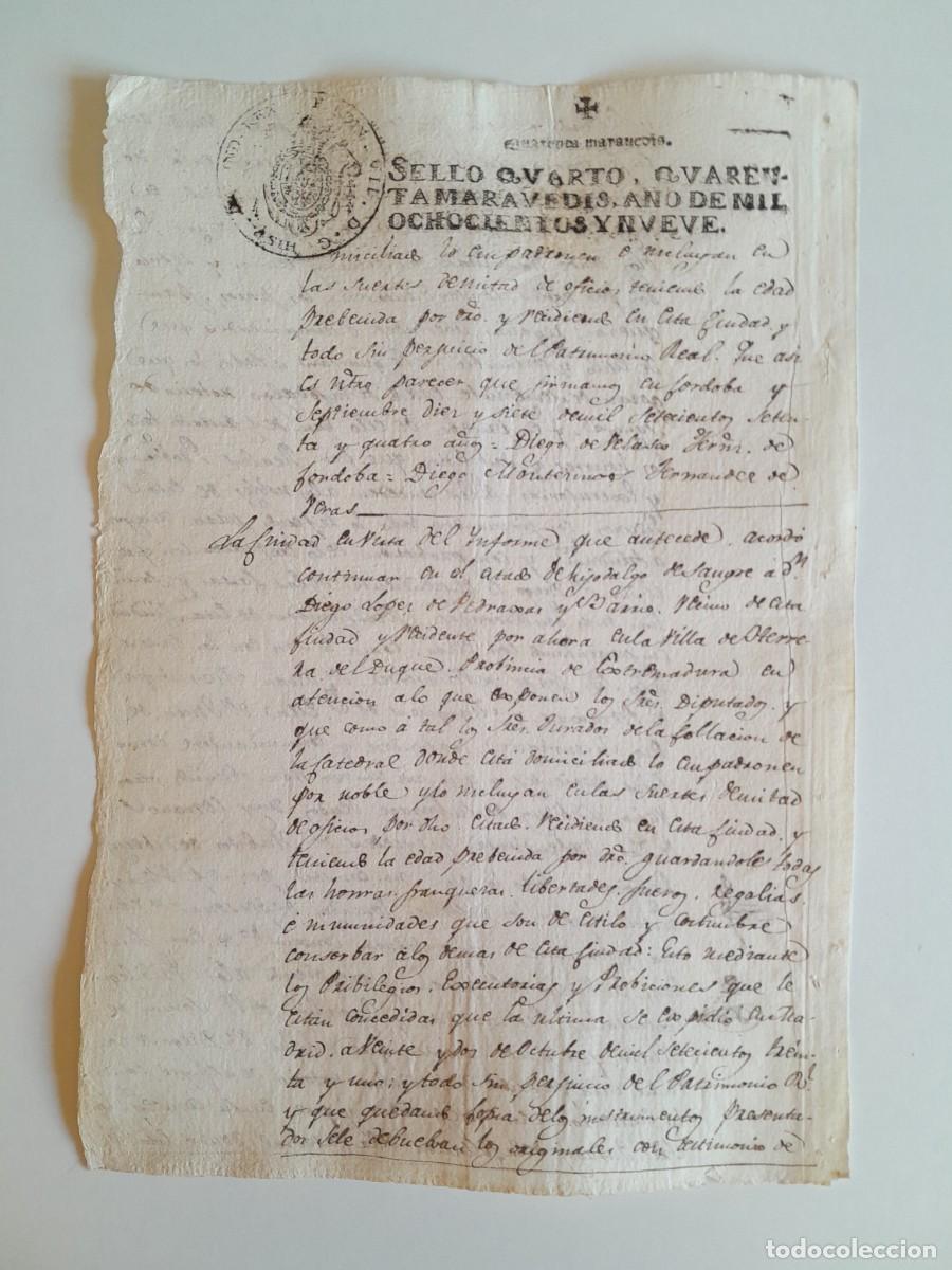 Manuscritos antiguos: PAPEL TIMBRADO DE SELLO CUARTO A&Ntilde;O 1809 - LUGAR DESCONOCIDO