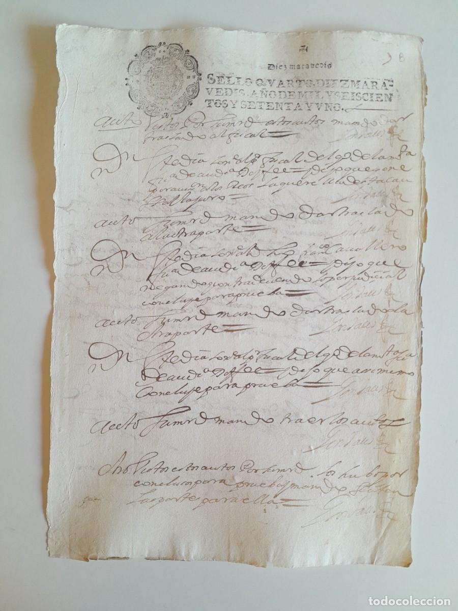 Manuscritos antiguos: PAPEL TIMBRADO DE SELLO CUARTO A&Ntilde;O 1671 - LUGAR DESCONOCIDO