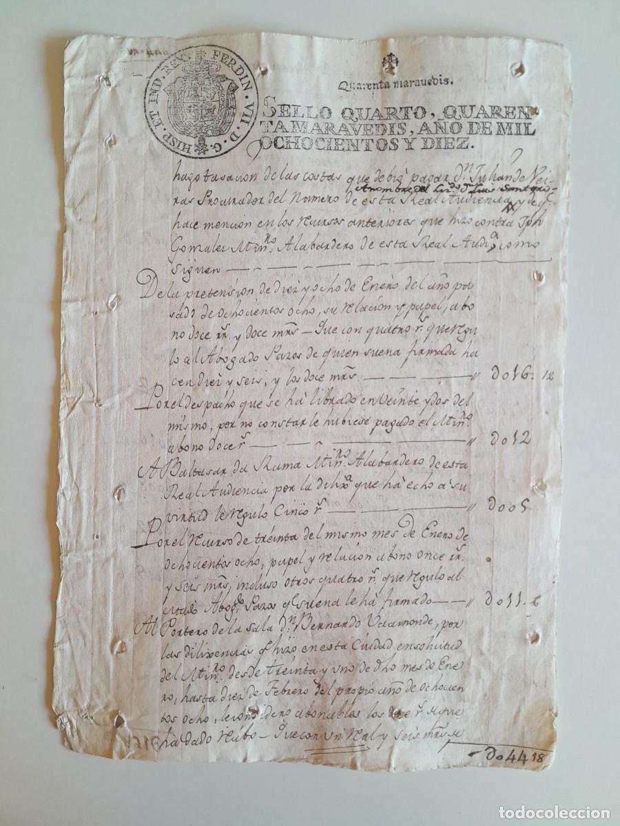 Manuscritos antiguos: PAPEL TIMBRADO DE SELLO CUARTO A&Ntilde;O 1810 - RELACI&Oacute;N DE COSTAS A PAGAR (LUGAR DESCONOCIDO)