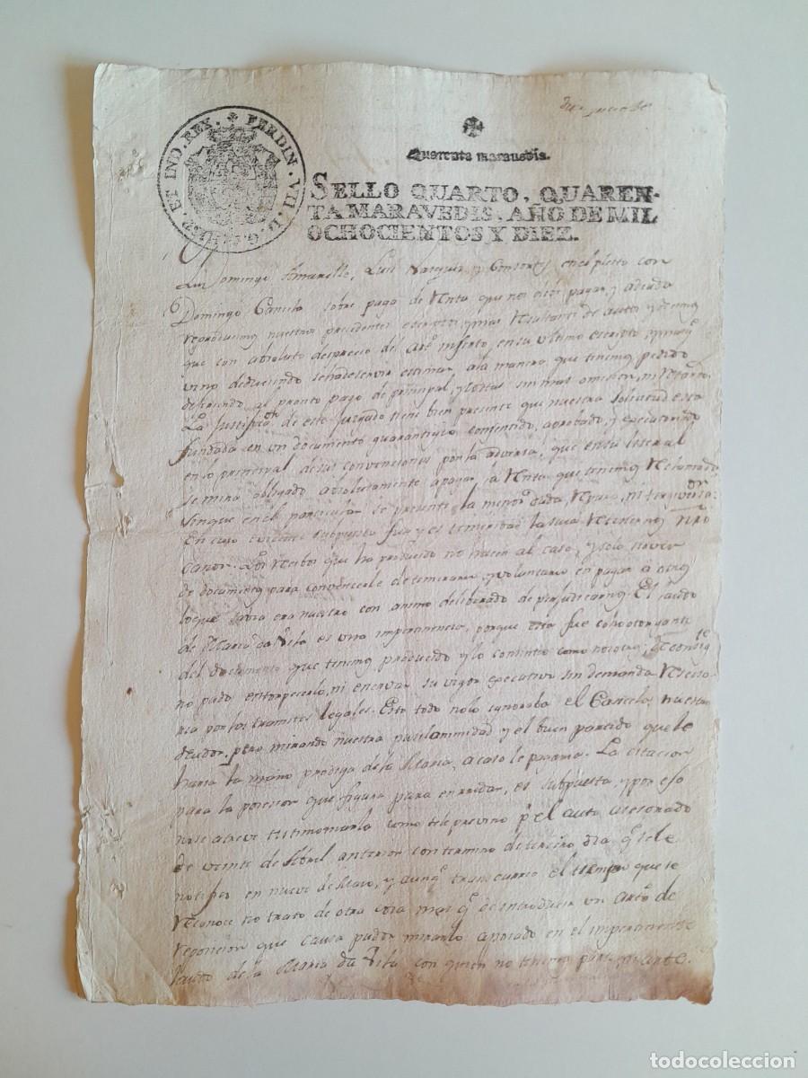 Manuscritos antiguos: PAPEL TIMBRADO DE SELLO CUARTO A&Ntilde;O 1810 - LUGAR DESCONOCIDO
