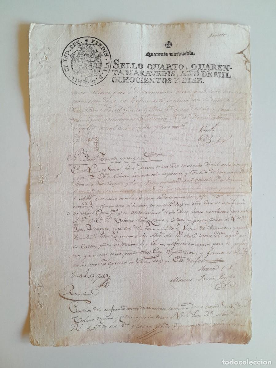 Manuscritos antiguos: PAPEL TIMBRADO DE SELLO CUARTO A&Ntilde;O 1810 - LUGAR DESCONOCIDO