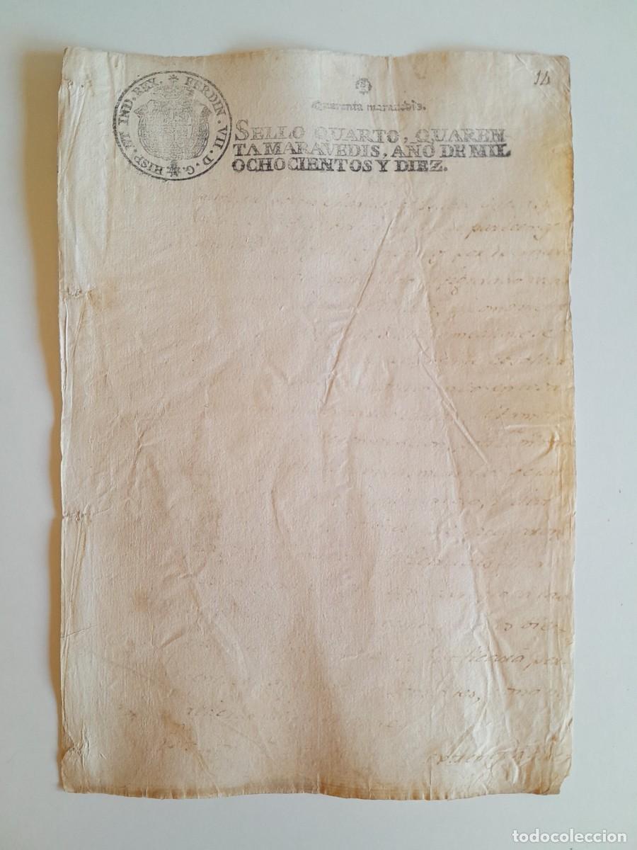 Manuscritos antiguos: PAPEL TIMBRADO DE SELLO CUARTO A&Ntilde;O 1810 - LUGAR DESCONOCIDO