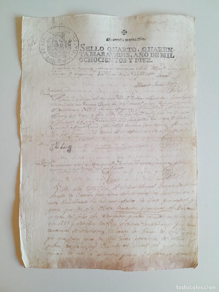 Manuscritos antiguos: PAPEL TIMBRADO DE SELLO CUARTO A&Ntilde;O 1810 - LUGAR DESCONOCIDO